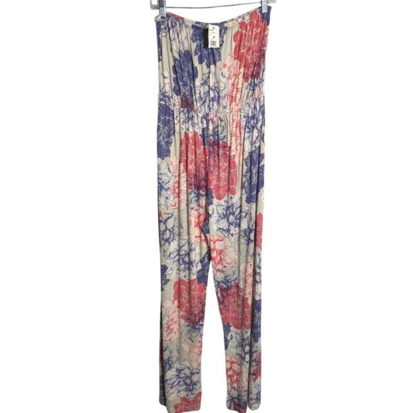 Magazine Cream Ruby Red & Blue Cotton Knit Floral Sleeveless Jumpsuit Womens M - Picture 2 of 4